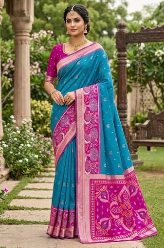 Sky blue color pochampally silk blend ikkat pattern zari woven border sarees