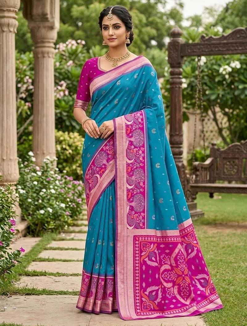 Sky blue color pochampally silk blend ikkat pattern zari woven border sarees