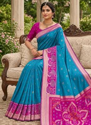Sky blue color pochampally silk blend ikkat pattern zari woven border sarees 2