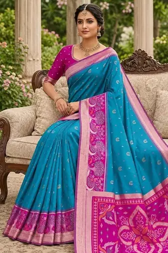 Sky blue color pochampally silk blend ikkat pattern zari woven border sarees