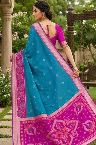 Sky blue color pochampally silk blend ikkat pattern zari woven border sarees