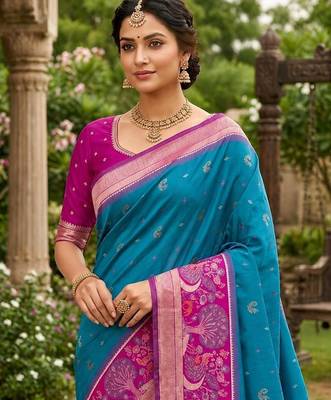 Sky blue color pochampally silk blend ikkat pattern zari woven border sarees 4