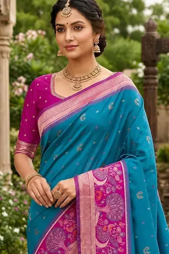 Sky blue color pochampally silk blend ikkat pattern zari woven border sarees
