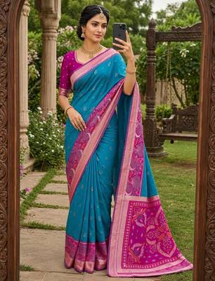 Sky blue color pochampally silk blend ikkat pattern zari woven border sarees 5