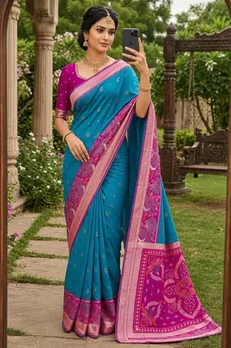 Sky blue color pochampally silk blend ikkat pattern zari woven border sarees