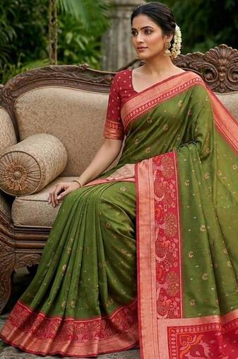 Mehendi color pochampally silk blend ikkat pattern zari woven border sarees