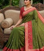 Mehendi color pochampally silk blend ikkat pattern zari woven border sarees