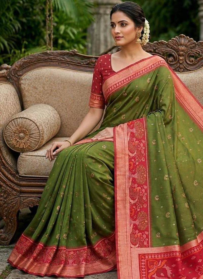 Mehendi color pochampally silk blend ikkat pattern zari woven border sarees