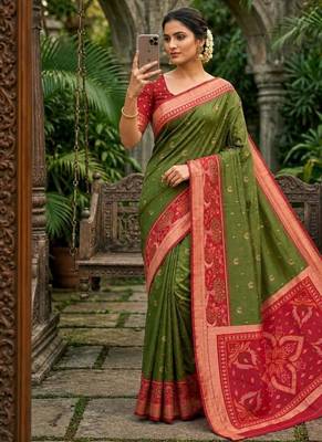 Mehendi color pochampally silk blend ikkat pattern zari woven border sarees 2