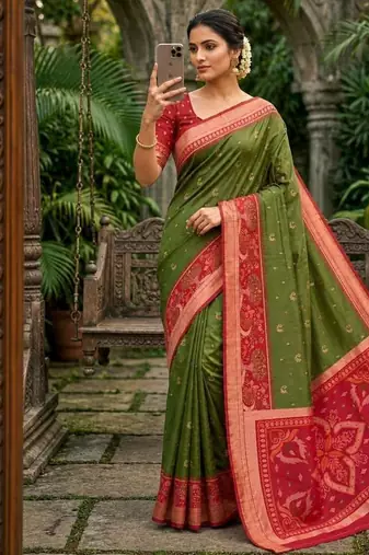 Mehendi color pochampally silk blend ikkat pattern zari woven border sarees