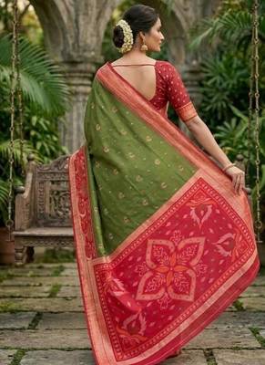 Mehendi color pochampally silk blend ikkat pattern zari woven border sarees 3