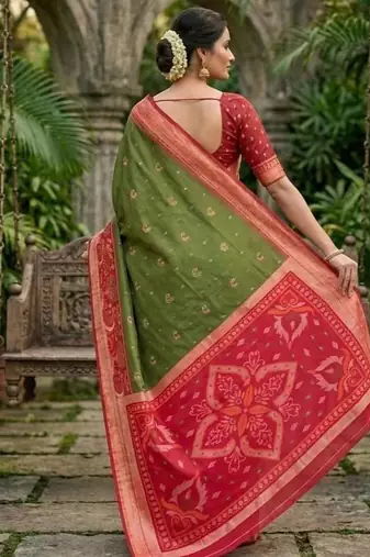 Mehendi color pochampally silk blend ikkat pattern zari woven border sarees