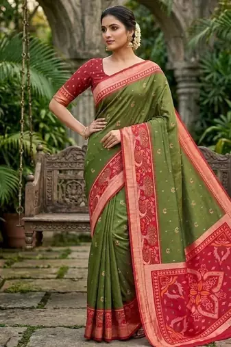 Mehendi color pochampally silk blend ikkat pattern zari woven border sarees