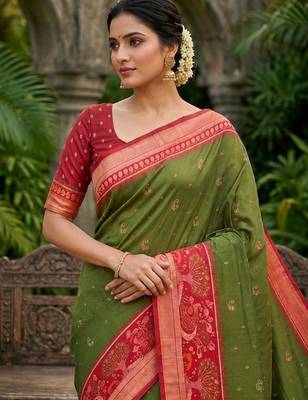 Mehendi color pochampally silk blend ikkat pattern zari woven border sarees 5