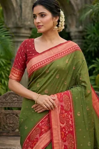 Mehendi color pochampally silk blend ikkat pattern zari woven border sarees