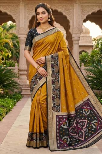 Mustard color pochampally silk blend ikkat pattern zari woven border sarees