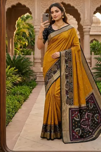 Mustard color pochampally silk blend ikkat pattern zari woven border sarees