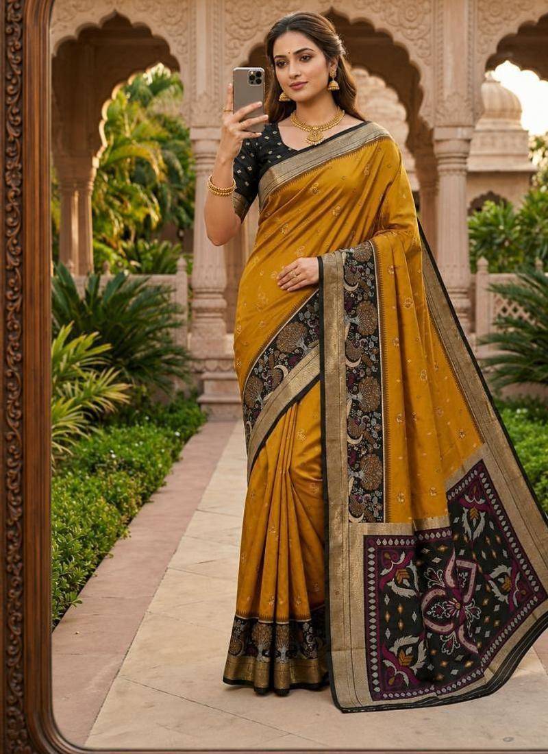 Mustard color pochampally silk blend ikkat pattern zari woven border sarees