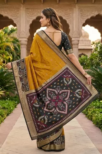Mustard color pochampally silk blend ikkat pattern zari woven border sarees
