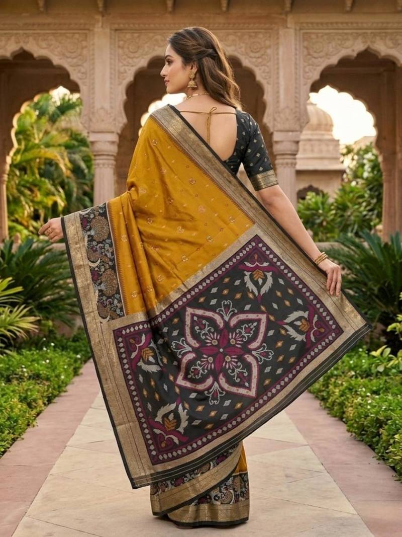 Mustard color pochampally silk blend ikkat pattern zari woven border sarees