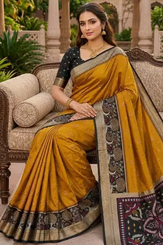 Mustard color pochampally silk blend ikkat pattern zari woven border sarees