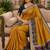 Mustard color pochampally silk blend ikkat pattern zari woven border sarees