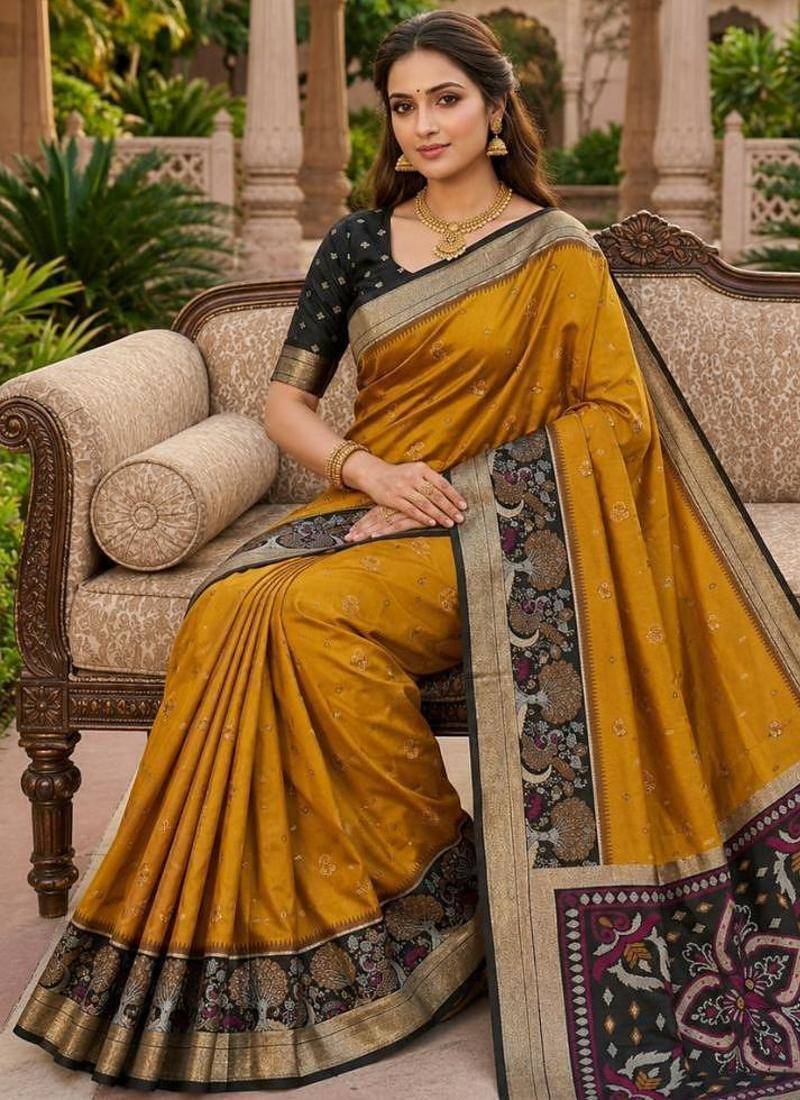 Mustard color pochampally silk blend ikkat pattern zari woven border sarees