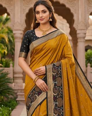 Mustard color pochampally silk blend ikkat pattern zari woven border sarees 5