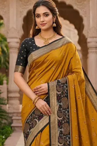 Mustard color pochampally silk blend ikkat pattern zari woven border sarees