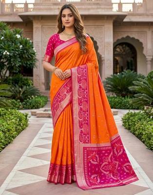 Orange color pochampally silk blend ikkat pattern zari woven border sarees 1
