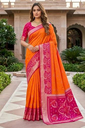 Orange color pochampally silk blend ikkat pattern zari woven border sarees