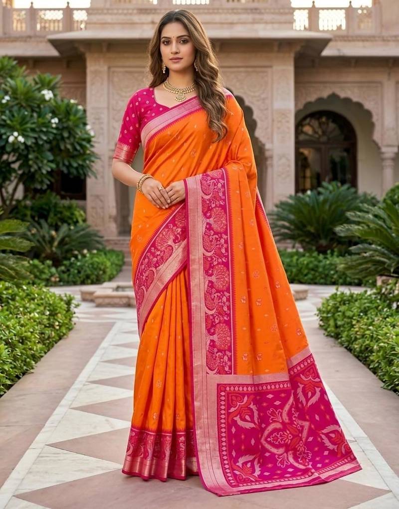 Orange color pochampally silk blend ikkat pattern zari woven border sarees