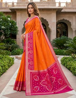 Orange color pochampally silk blend ikkat pattern zari woven border sarees 2