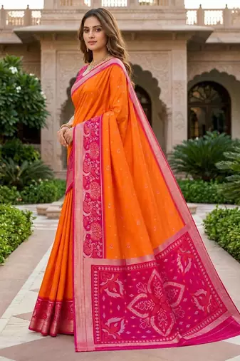 Orange color pochampally silk blend ikkat pattern zari woven border sarees