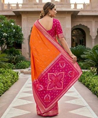 Orange color pochampally silk blend ikkat pattern zari woven border sarees 3