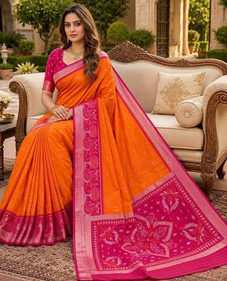 Orange color pochampally silk blend ikkat pattern zari woven border sarees 4