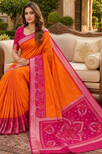 Orange color pochampally silk blend ikkat pattern zari woven border sarees