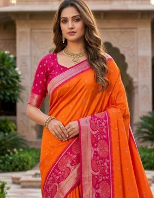 Orange color pochampally silk blend ikkat pattern zari woven border sarees 5
