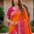 Orange color pochampally silk blend ikkat pattern zari woven border sarees
