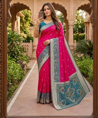 Rani pink color pochampally silk blend ikkat pattern zari woven border sarees 1