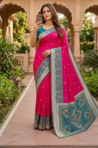 Rani pink color pochampally silk blend ikkat pattern zari woven border sarees