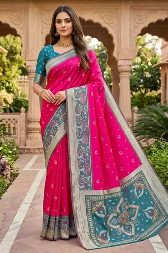 Rani pink color pochampally silk blend ikkat pattern zari woven border sarees