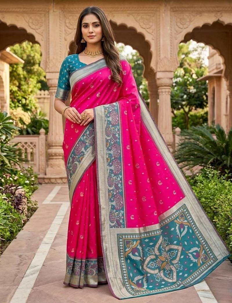 Rani pink color pochampally silk blend ikkat pattern zari woven border sarees