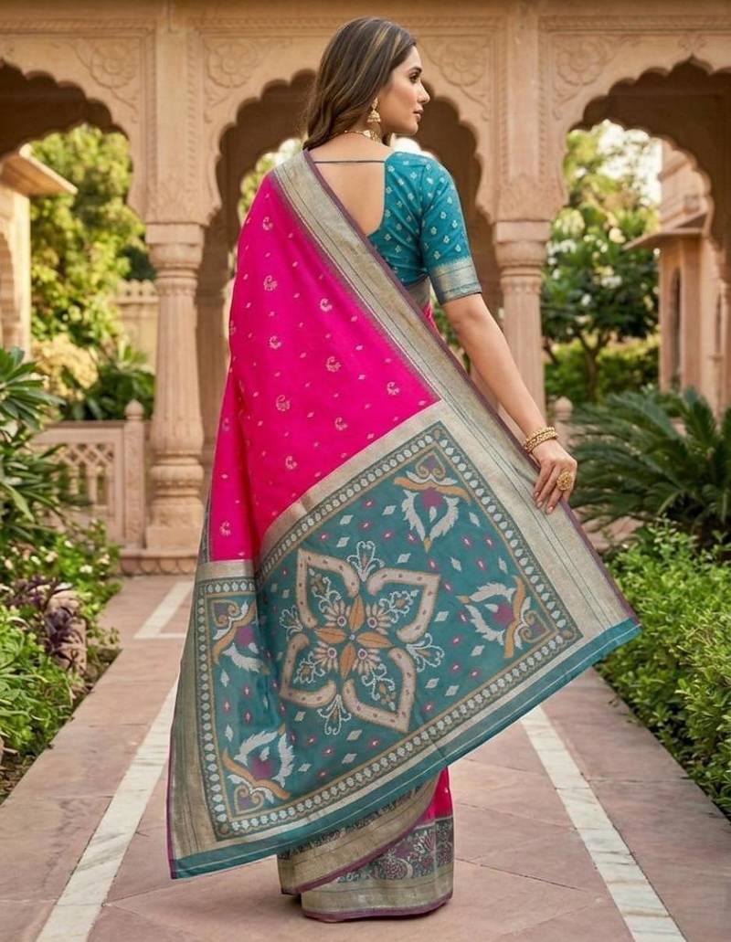 Rani pink color pochampally silk blend ikkat pattern zari woven border sarees