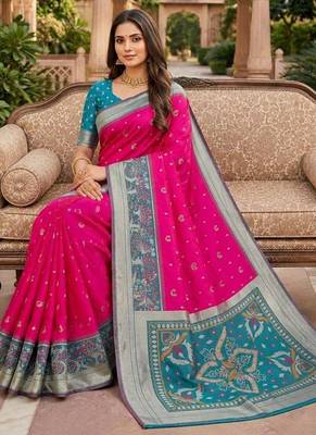 Rani pink color pochampally silk blend ikkat pattern zari woven border sarees 4