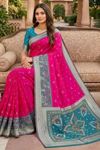 Rani pink color pochampally silk blend ikkat pattern zari woven border sarees
