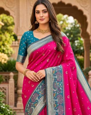 Rani pink color pochampally silk blend ikkat pattern zari woven border sarees 5