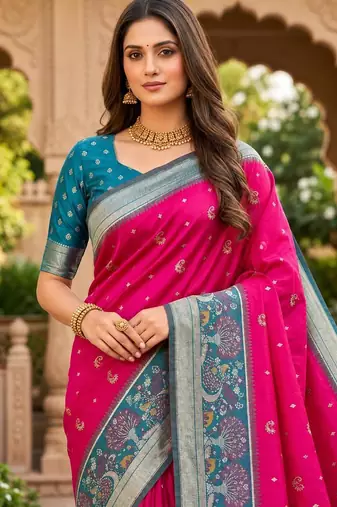 Rani pink color pochampally silk blend ikkat pattern zari woven border sarees