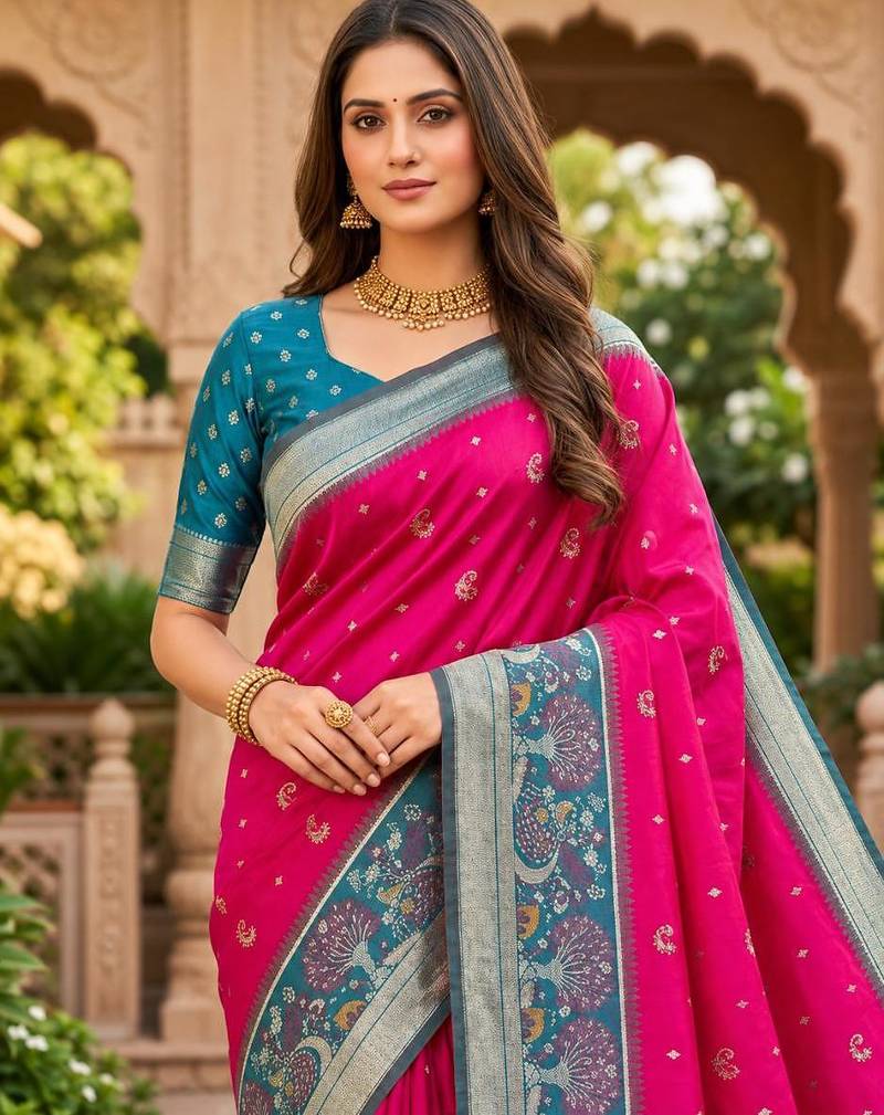 Rani pink color pochampally silk blend ikkat pattern zari woven border sarees