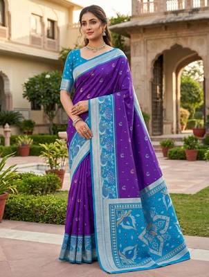 Blue color pochampally silk blend ikkat pattern zari woven border sarees 1